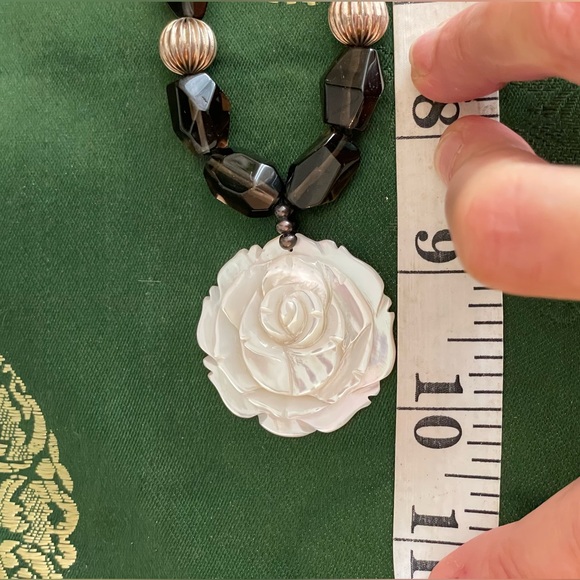 Artisan smoky quartz Turquoise silver ball mother of pearl rose Beaded Necklace - Picture 14 of 16